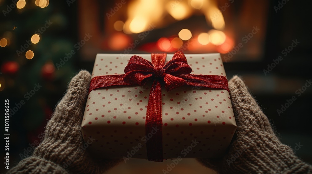 A person holding a gift by a cozy fireplace during the holidays. A person holding a gift by a cozy fireplace during the holidays.