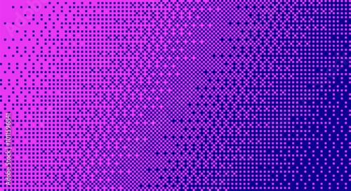 Horizontally seamlessly repeatable halftone pixelated pattern. Blue gradient bitmap background. Y2K aesthetics texture.