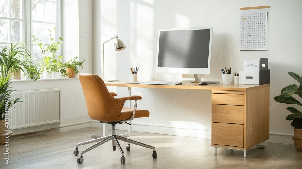 Modern home office setup with a computer, chair, and plants in a bright space. Modern home office setup with a computer, chair, and plants in a bright space.