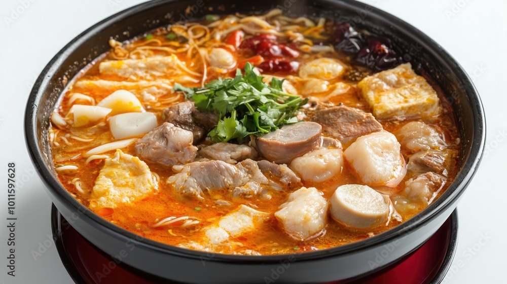 Tom Yum Soup with Meat and Assorted Ingredients on a White Background, Showcasing Its Flavorful Broth and Aromatic Elements. Tom Yum Soup with Meat and Assorted Ingredients on a White Background, Showcasing Its Flavorful Broth and Aromatic Elements.