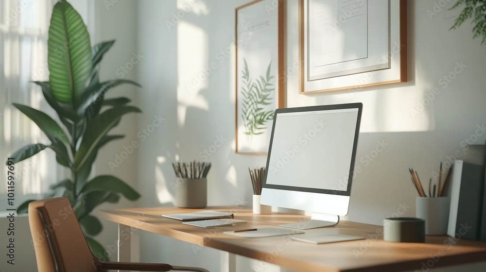 Fototapeta premium Modern home office with a computer, plants, and natural light.