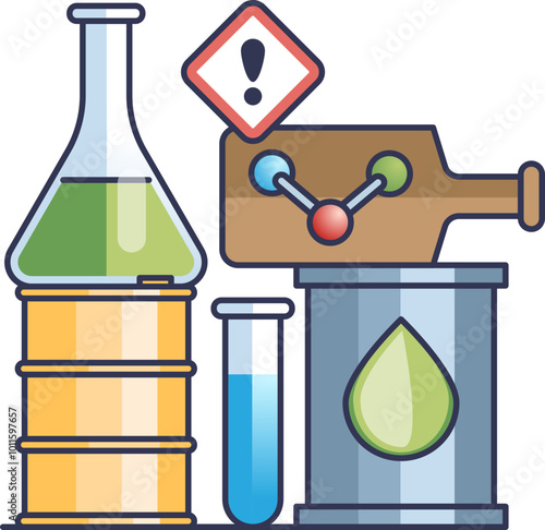 Illustration of chemical waste with flasks, barrels, and hazard symbols.