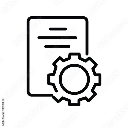 Gear and document. Technical support list, сontrol file. Software development concept. Vector linear icon isolated on white background.