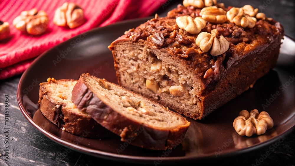 Sliced banana bread with walnuts on a brown plate. Sliced banana bread with walnuts on a brown plate.
