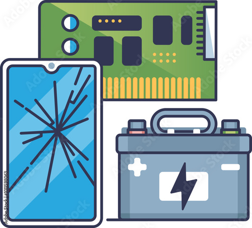 Illustration of e-waste: broken phone, circuit board, battery.
