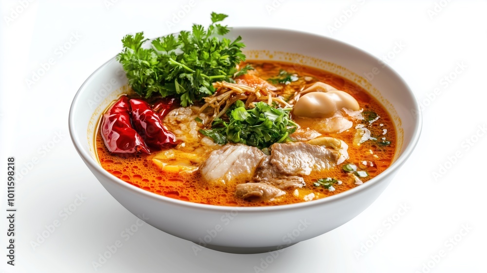 Tom Yum Soup with Meat and Assorted Ingredients on a White Background, Showcasing Its Flavorful Broth and Aromatic Elements. Tom Yum Soup with Meat and Assorted Ingredients on a White Background, Showcasing Its Flavorful Broth and Aromatic Elements.