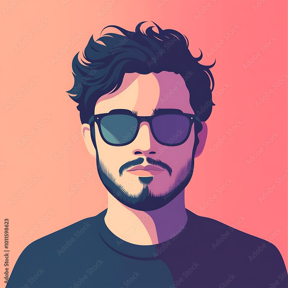 A stylized portrait of a man wearing sunglasses with a beard and dark hair, against a peach background. A stylized portrait of a man wearing sunglasses with a beard and dark hair, against a peach background.