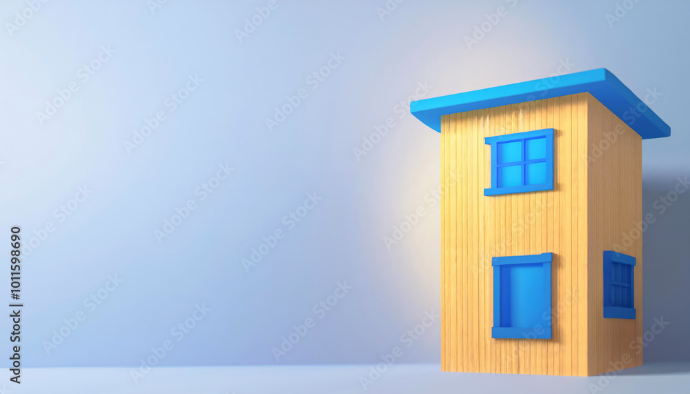 Colorful wooden toy house on a blue background, perfect for children's decor and playful interiors. Colorful wooden toy house on a blue background, perfect for children's decor and playful interiors.