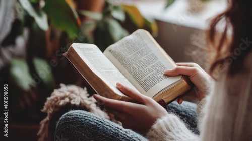 Hands holding a Bible during morning study at home peaceful setting. Simple background focus on scripture for spiritual learning and inspiration.