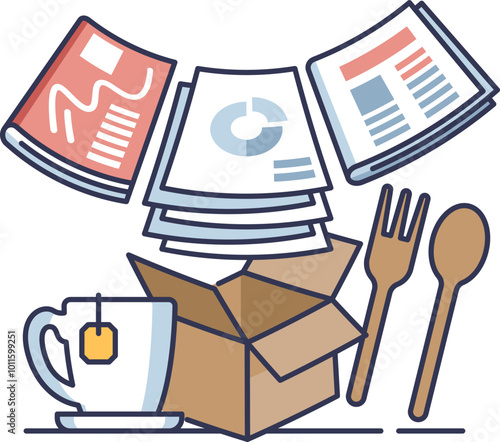 Office waste items like paper, cardboard, and disposable utensils symbolize workplace waste.