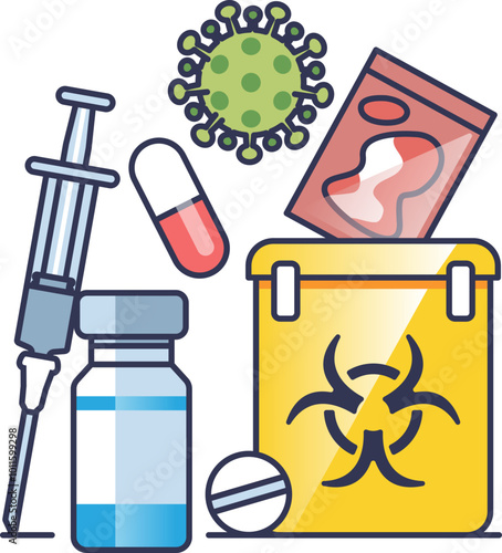 Illustration of medical waste including syringe, vial, pill, biohazard bin, and virus symbol.