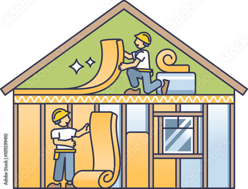 Workers installing insulation in a house, highlighting energy efficiency.