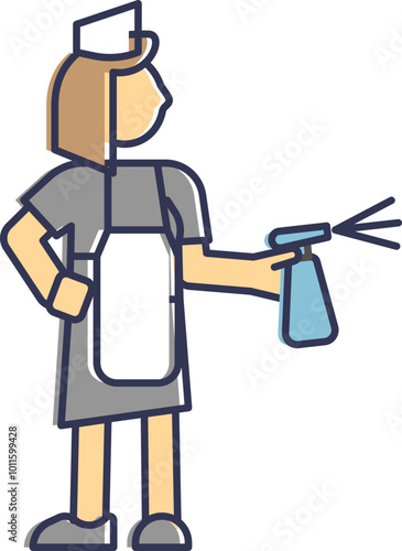 Illustration of a housekeeper with a spray bottle, symbolizing cleaning services.