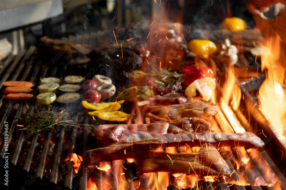 roasted meat and vegetables on the grill with flames and vegetables, close up roasted meat and vegetables on the grill with flames and vegetables, close up