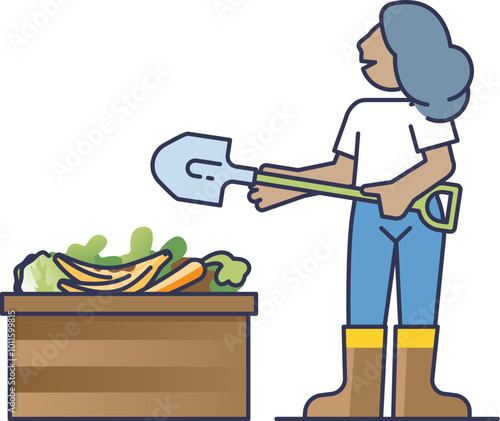 Person using a shovel to manage compost in a bin with food scraps.