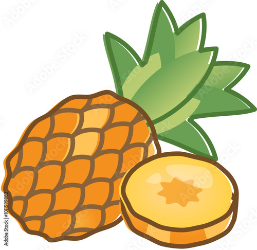 Illustration of a whole pineapple and a slice, symbolizing tropical freshness.