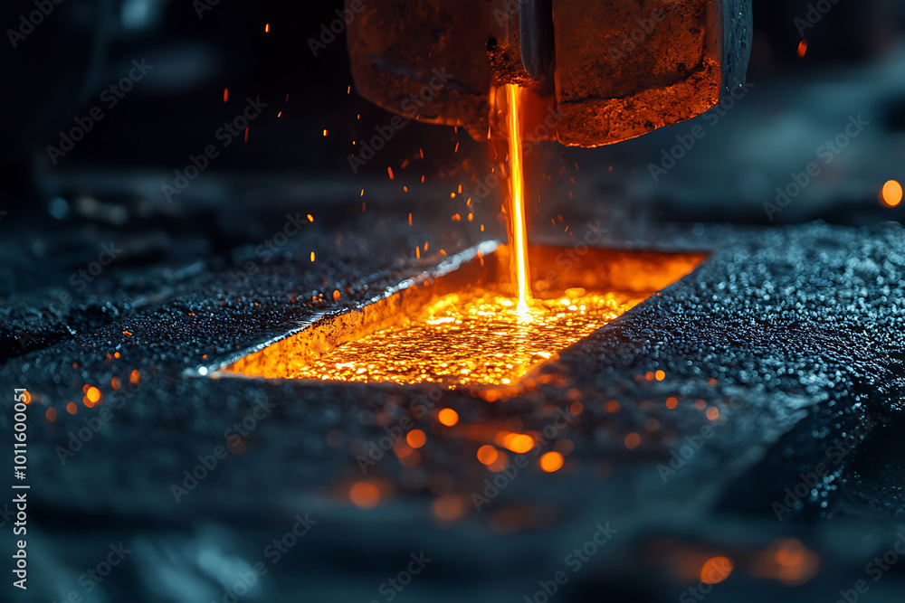 Molten Metal Pours into a Mold, Creating a Shower of Sparks
