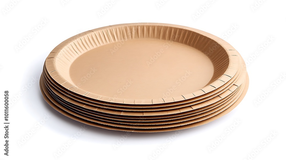A stack of six brown paper plates isolated on a white background. A stack of six brown paper plates isolated on a white background.