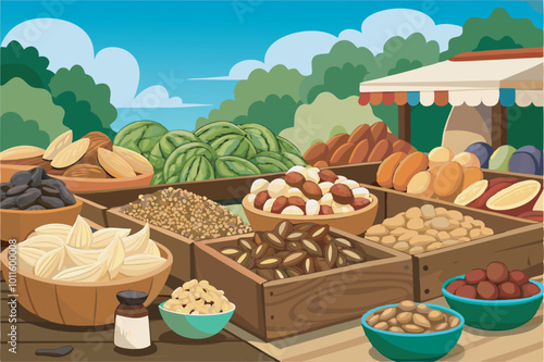 An outdoor market nestled amid mountains offers an array of nuts, fruits, and produce. Wooden boxes with various nuts, colorful fruits, and tents add to the vibrant market ambiance.