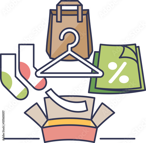Illustration of retail waste with socks, hanger, bag, and open box symbolizing excess packaging and unsold goods.