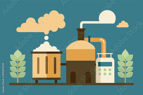 Image shows a brewing plant with wheat branches, symbolizing beer production. It includes key brewing elements like fermenting tanks, filling equipment,