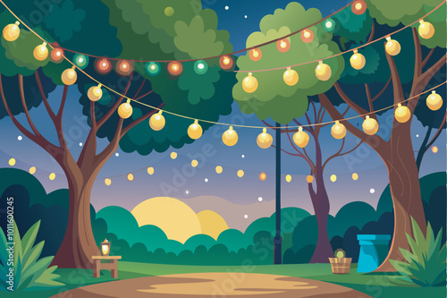 Whimsical cartoon illustration of a magical park at night. Tree-lined path with yellow lights, flower pots, and setting sun, ideal for relaxation outdoors.