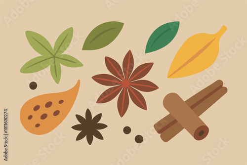 An autumnal image with various spices like anise stars, cloves, and cinnamon on a cream-yellow background, accented with bay leaves for a seasonal touch.