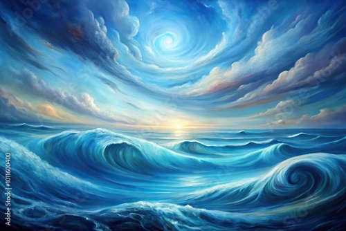 Dynamic abstract oil painting with leading lines depicting earth's atmosphere and oceanic harmony in blue tones