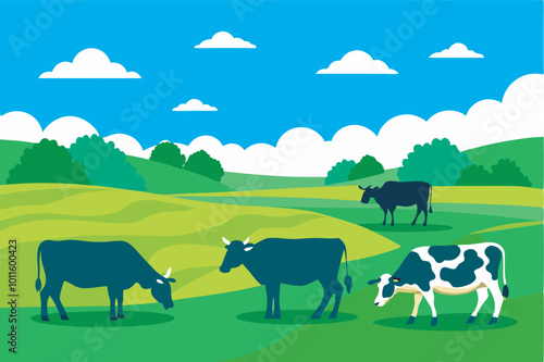 A serene pastoral image with three cows grazing in a lush green field. Tranquil setting with greenery, blue sky, and relaxed cows, evoking harmony and connection with nature. 