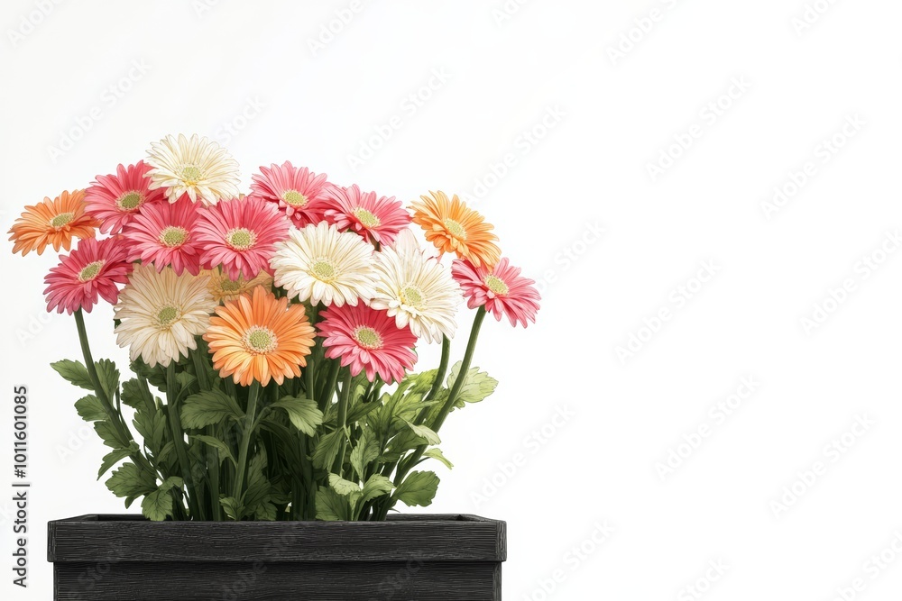 gerbera daisies in garden box, front view, handdrawn sketchinspired 3D style, bright multicolored petals, isolated on white background gerbera daisies in garden box, front view, handdrawn sketchinspired 3D style, bright multicolored petals, isolated on white background