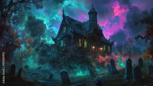 A dark and sinister haunted mansion stands in an overgrown graveyard, surrounded by colorful, glowing mist that gives the scene a supernatural aura. The neon-lit sky creates a surreal and ominous