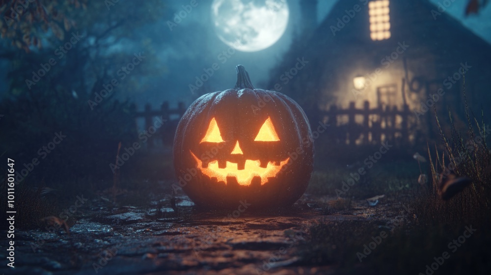 Scary carved pumpkin under full moon, ominous Halloween night. Scary carved pumpkin under full moon, ominous Halloween night.