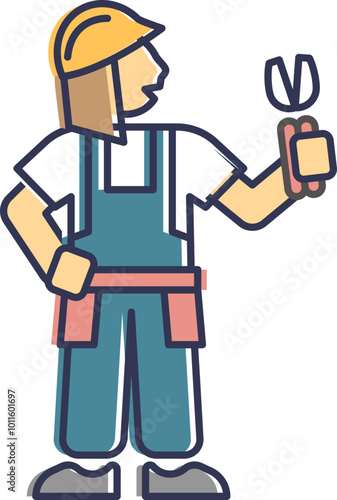 Cartoon worker in hard hat holding pliers, symbolizing construction and repair work.