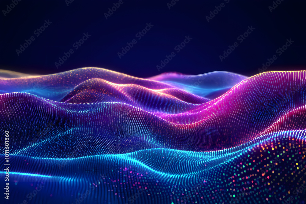 Abstract digital landscape or soundwaves with flowing particles. Big data technology background. Visualization of sound waves. Virtual reality concept: 3D digital surface. Abstract digital landscape or soundwaves with flowing particles. Big data technology background. Visualization of sound waves. Virtual reality concept: 3D digital surface.
