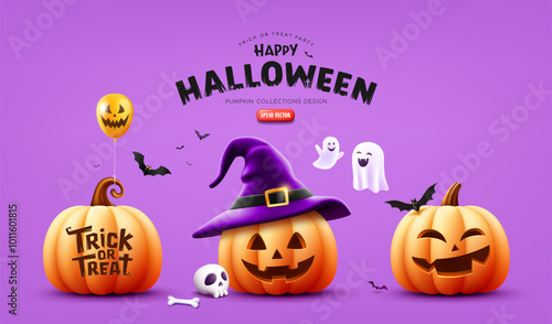 Halloween pumpkins orange color, action face collections, bat flying, ghost and skull design on purple background, Eps 10 vector, illustration