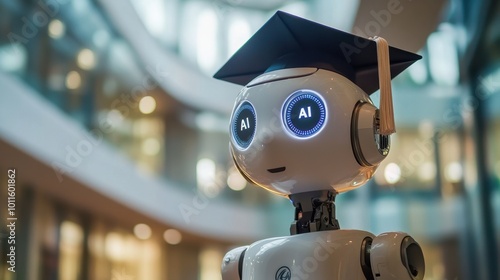 AI robot wearing a graduate cap graduated from university, artificial intelligence is replacing and displacing humans