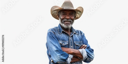Smiling senior African American farmer standing arms crossed and wearing cowboy hat, isolated on transparent background