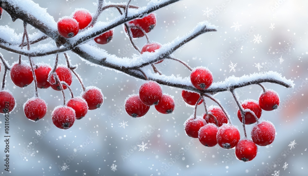 A branch laden with snow and frost-covered red berries, surrounded by a shower of softly falling snowflakes. A branch laden with snow and frost-covered red berries, surrounded by a shower of softly falling snowflakes.