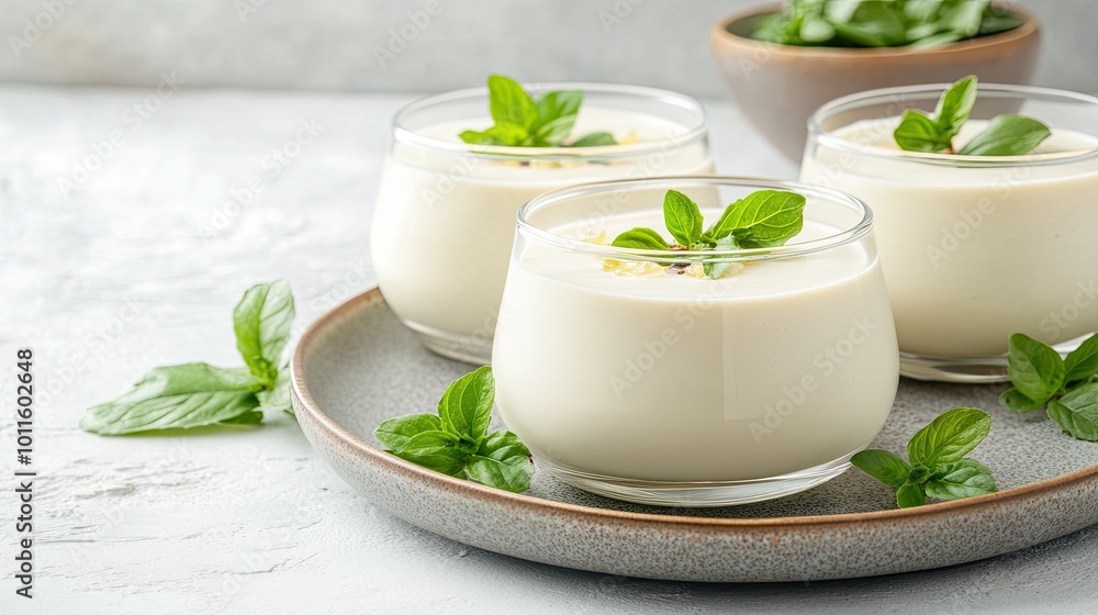 Smooth panna cotta elegantly served in glass containers, beautifully adorned with lemon jam and fresh mint leaves, creating a refreshing and inviting dessert Smooth panna cotta elegantly served in glass containers, beautifully adorned with lemon jam and fresh mint leaves, creating a refreshing and inviting dessert
