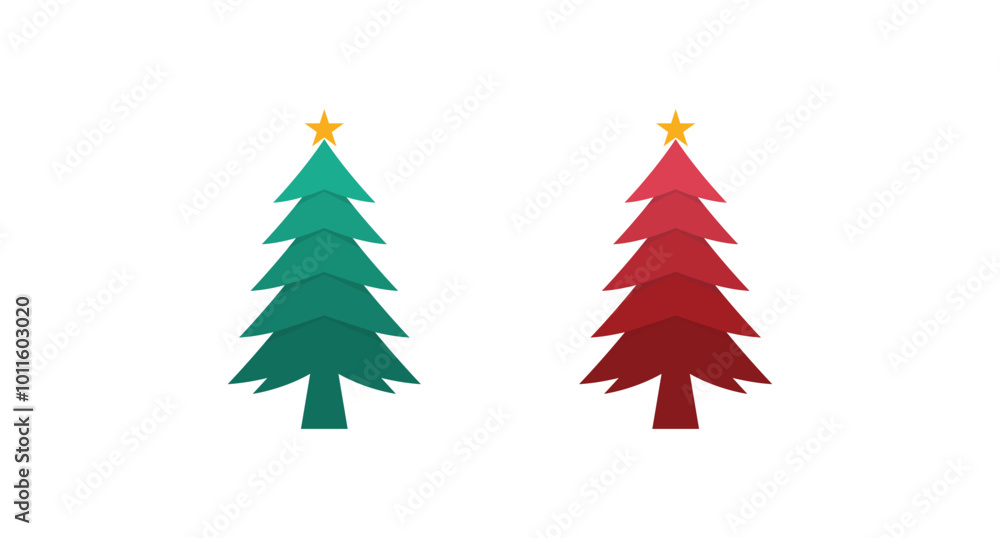 Fototapeta premium Christmas tree, green and red pine tree with golden star on top icon vector illustration