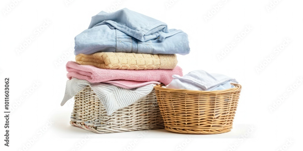 Obraz premium Stack of clean clothes and wicker basket with clean laundry, isolated on white background