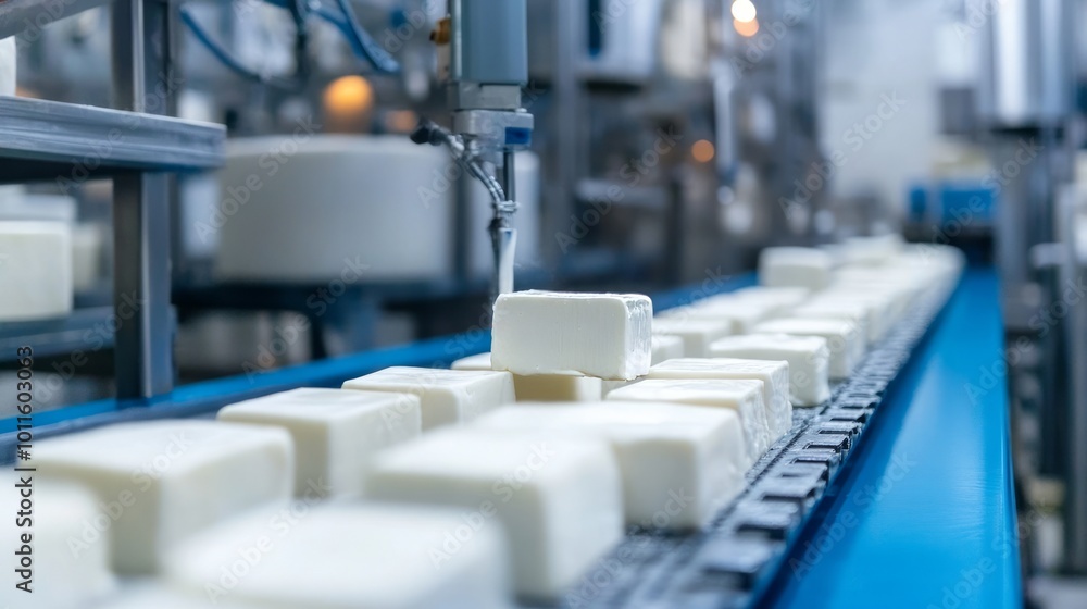 Conveyor belt transporting blocks of cheese in a production facility. Conveyor belt transporting blocks of cheese in a production facility.