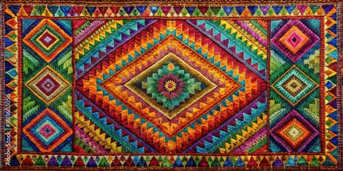 A vibrant tapestry featuring intricate geometric patterns and a rich palette of colors, showcasing the beauty of traditional textile art