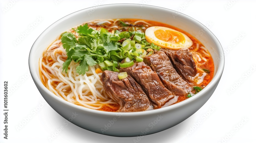 Fototapeta premium Tom Yum Soup with Meat and Assorted Ingredients on a White Background, Showcasing Its Flavorful Broth and Aromatic Elements.
