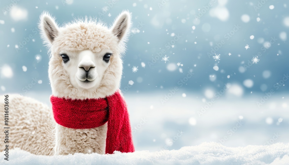 A cute alpaca wearing a red scarf, standing in a snow-covered meadow, with snowflakes gently falling from the sky. A cute alpaca wearing a red scarf, standing in a snow-covered meadow, with snowflakes gently falling from the sky.