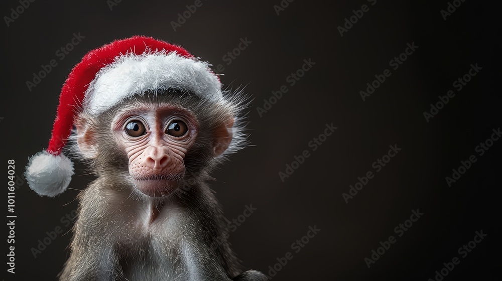 A cute Mandrill monkey sitting calmly, wearing a red Santa hat, with its bright face and colorful markings in focus for a festive portrait. A cute Mandrill monkey sitting calmly, wearing a red Santa hat, with its bright face and colorful markings in focus for a festive portrait.