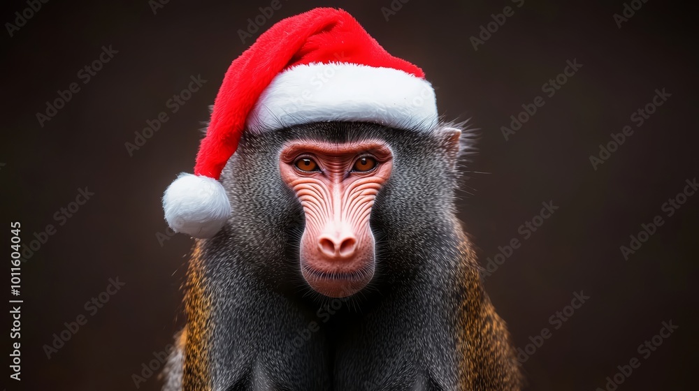 A cute Mandrill monkey sitting calmly, wearing a red Santa hat, with its bright face and colorful markings in focus for a festive portrait. A cute Mandrill monkey sitting calmly, wearing a red Santa hat, with its bright face and colorful markings in focus for a festive portrait.