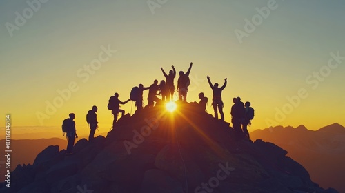 A team of climbers reaching the summit at sunset, symbolizing teamwork and adventure as they conquer the mountain peak, creating a breathtaking backdrop of nature’s beauty.