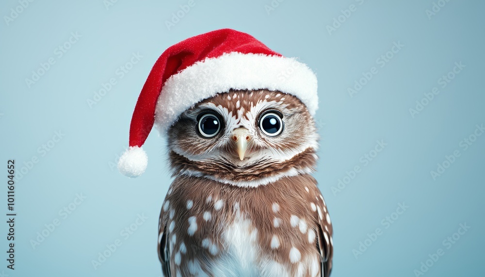 A festive little owl with big, wide eyes, wearing a cute Santa hat, perched against a soft blue-to-white gradient background, perfect for a wintery holiday feel. A festive little owl with big, wide eyes, wearing a cute Santa hat, perched against a soft blue-to-white gradient background, perfect for a wintery holiday feel.