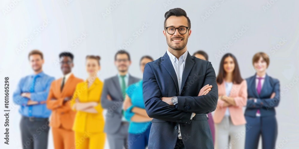 Obraz premium Team leadership concept with a leader standing in front of a diverse group of team members